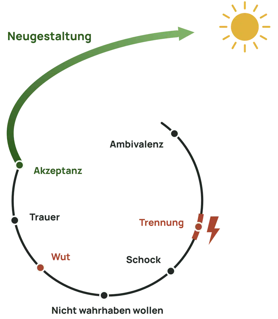 Scheidungsmediation 2 Grafik: Phasen der Trennung nach Kübler-Ross – Ambivalenz, Trennung, Schock, Nicht-wahrhaben-Wollen, Wut, Trauer, Akzeptanz und Neugestaltung